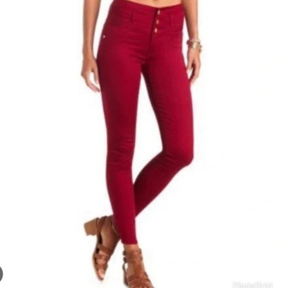 Refuge Woman's Deep Red Maroon High Waist Super Skinny Jeans Jeggings Sz 4 GUC